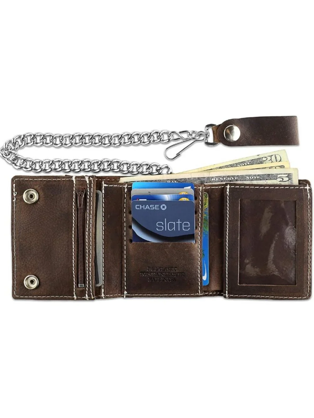 Vintage Biker Tri-fold Leather Wallet with RFID Blocking, Steel Chain, Snap